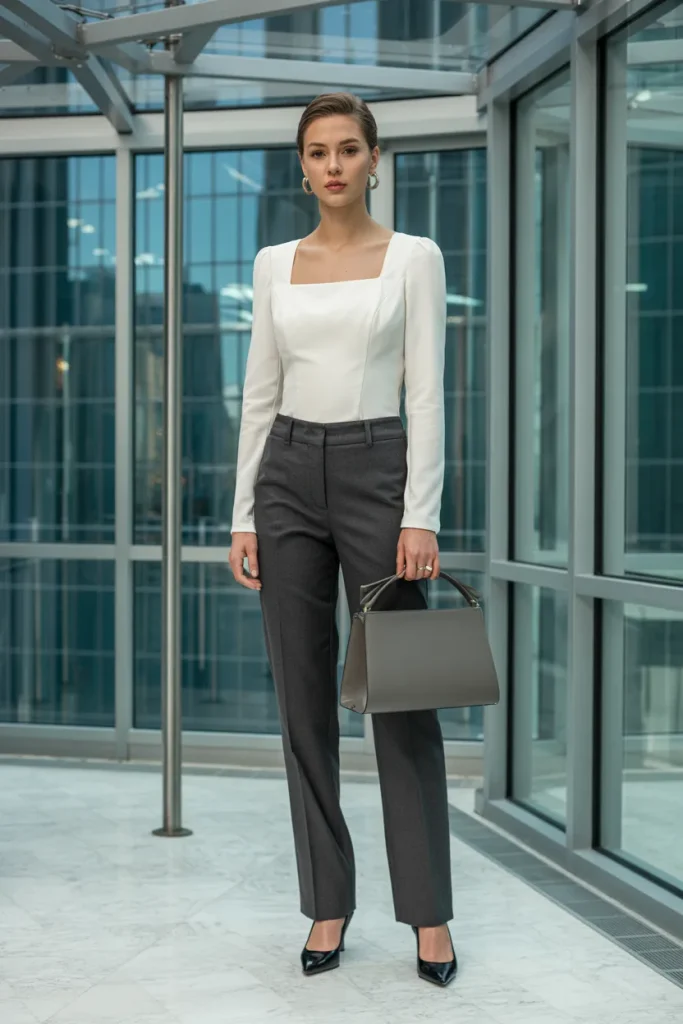 Square Neck Full Sleeve Top with Straight Dress Pant