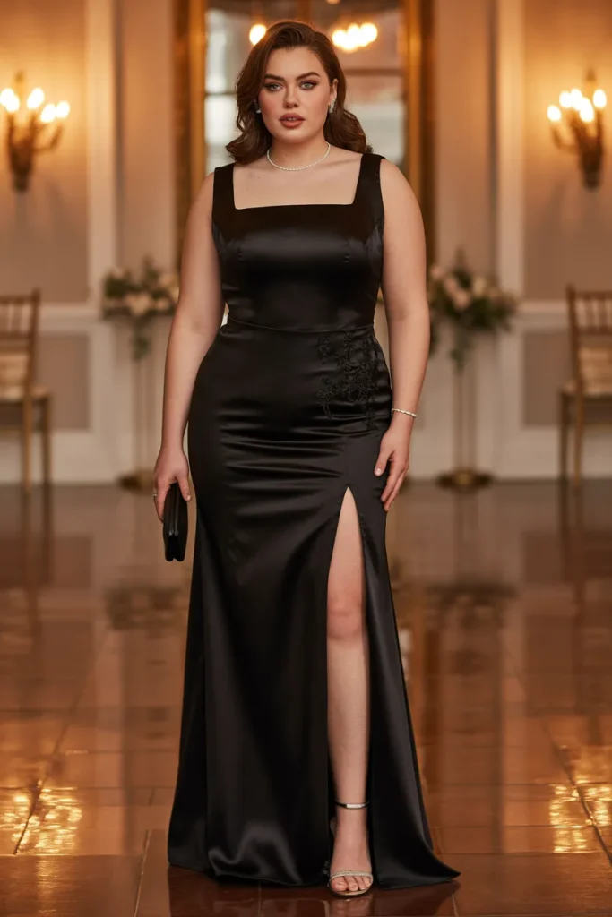 Square Neck Satin Black Wedding Guest Dress with Leg Slit