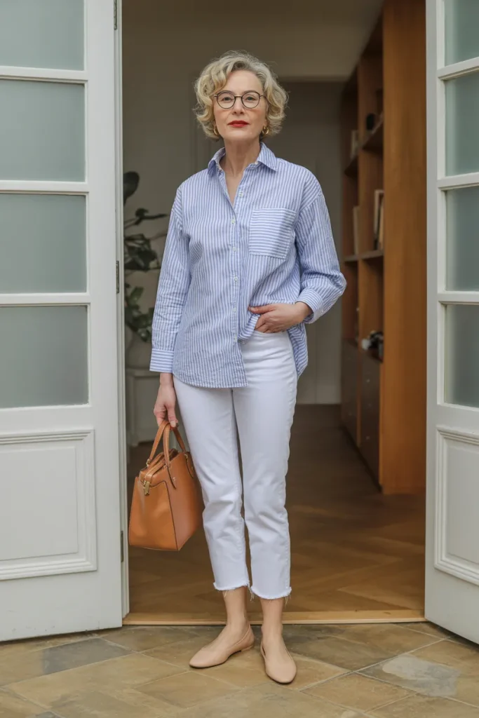 Stripe Button Down Shirt with White Jeans and Ballet Flats