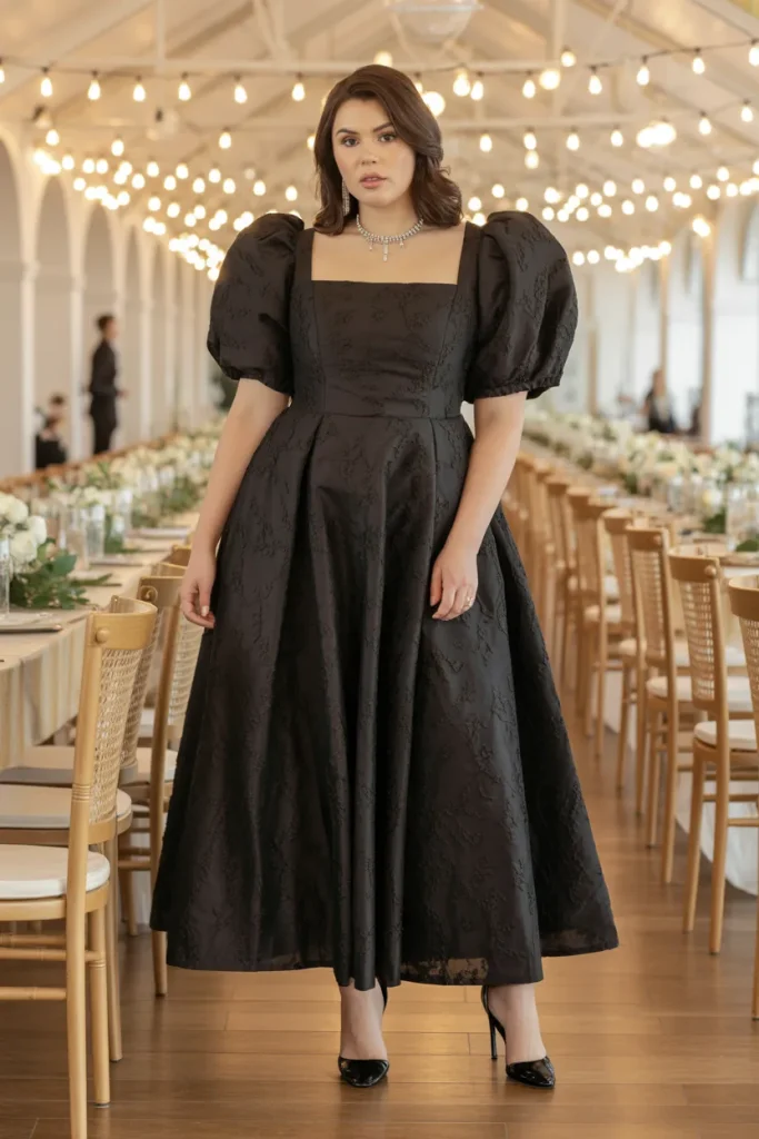 Structured Puff Sleeve Black Formal Wedding Guest Dress