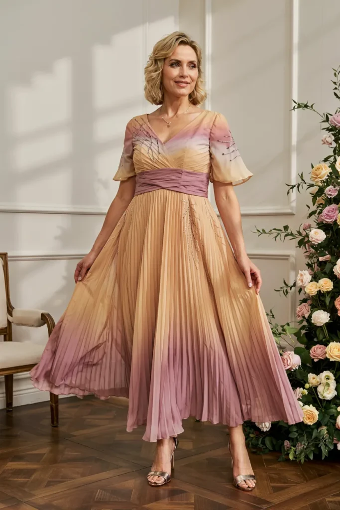 Sunset Ombre Pleated Chiffon Mother of the Bride Dress