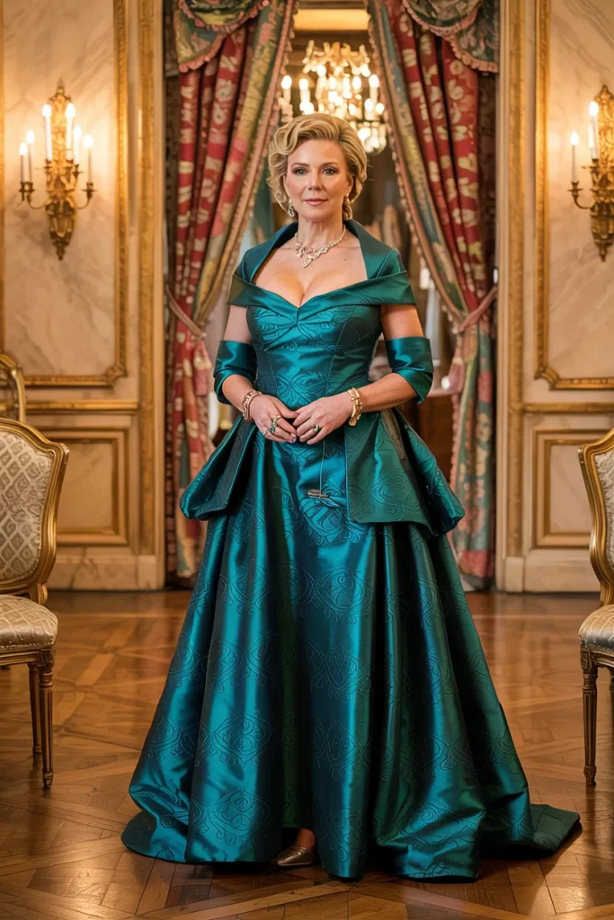 Teal Baroque Brocade Mother of the Bride Dress