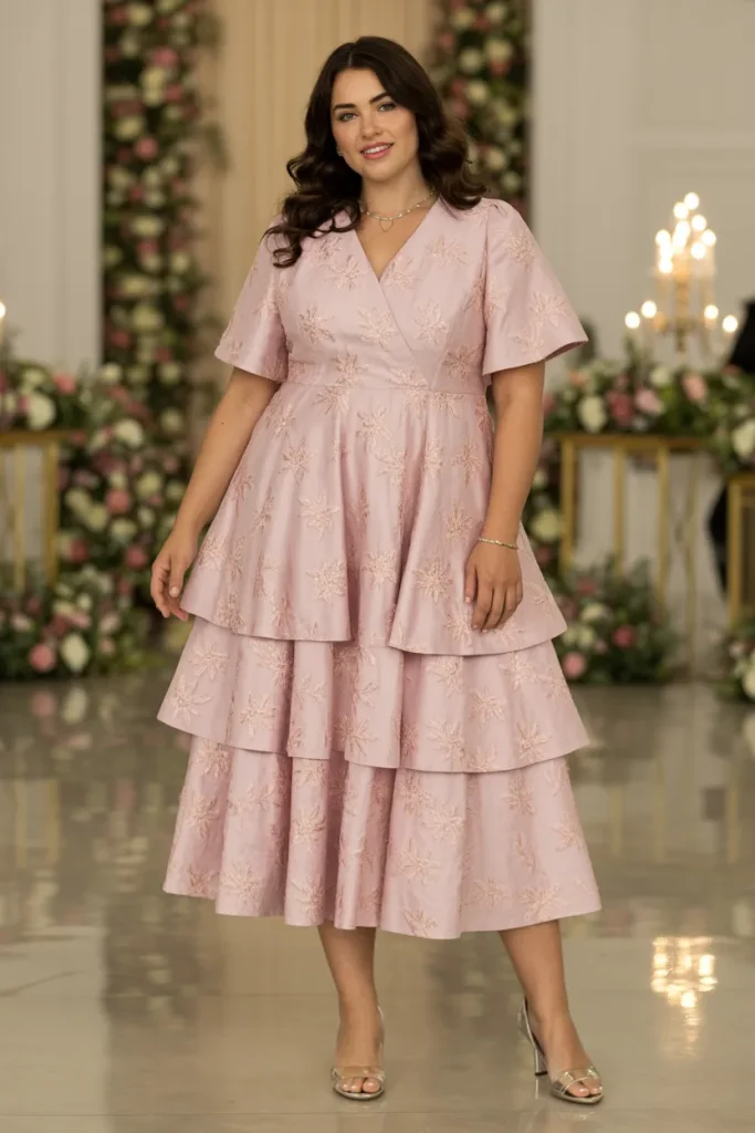 Tiered Ruffle Midi Plus Size Formal Wedding Guest Dress