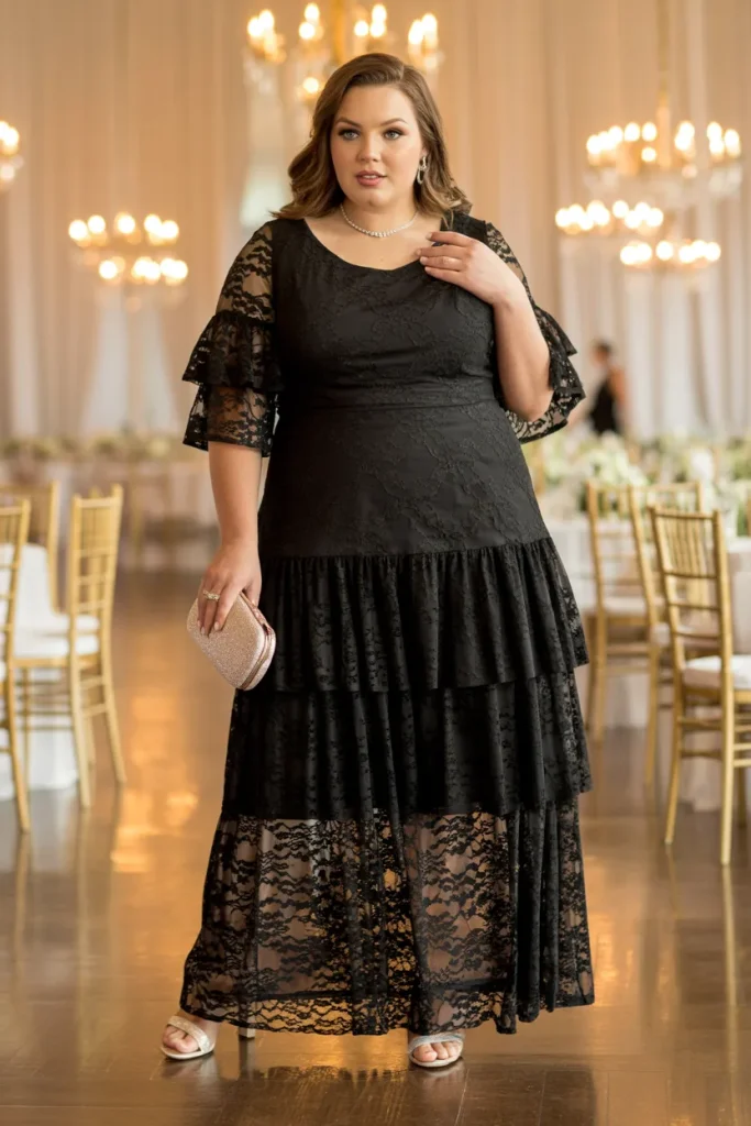 Tiered Ruffle Sleeve Black Lace Wedding Guest Dress