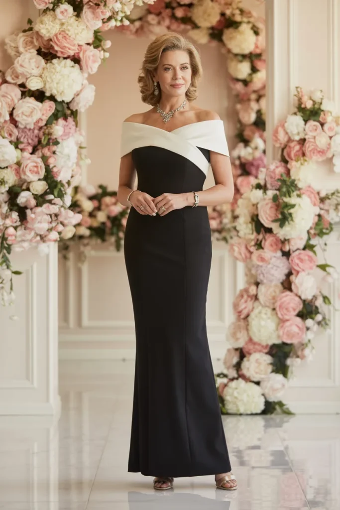 Timeless Black Off the Shoulder Crepe Sheath Dress