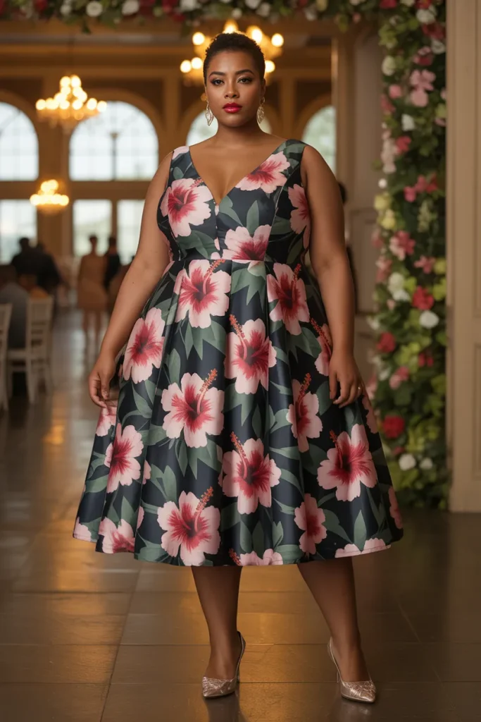 Tropical Hibiscus Trumpet Silhouette Plus Size Floral Wedding Guest Dress