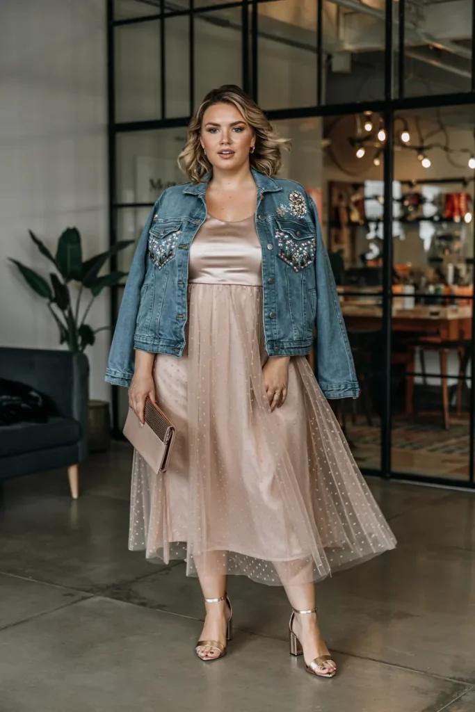 Tulle Overlay Midi Dress with Embellished Denim Jacket Birthday Outfit