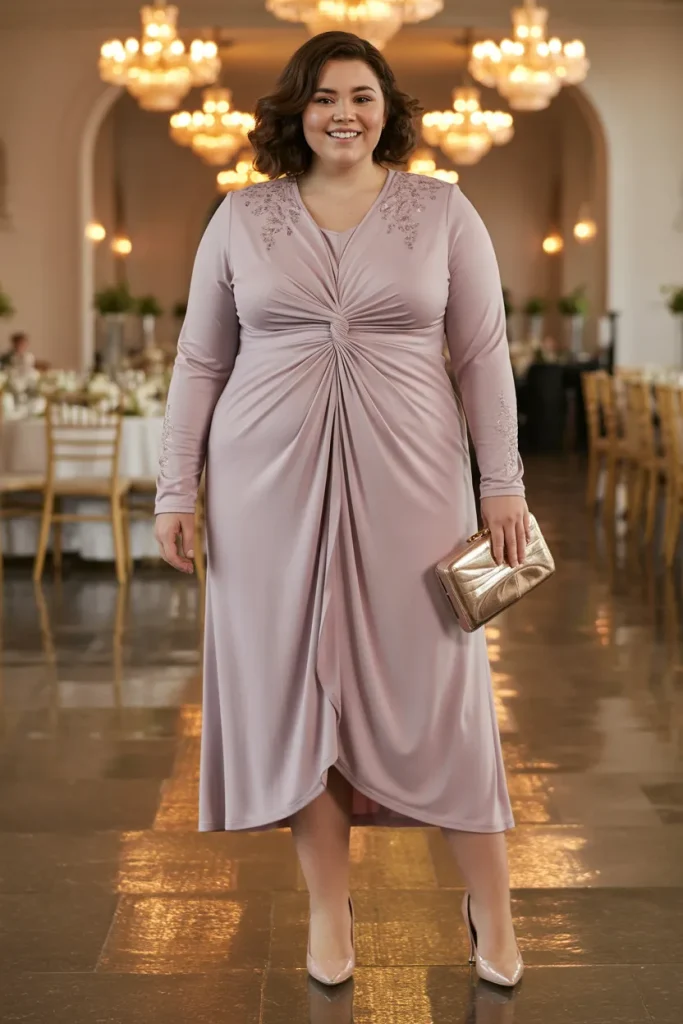 Twisted Front Matte Jersey Plus Size Long Sleeve Wedding Guest Dress