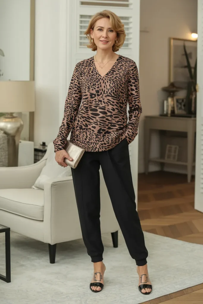 V Neck Animal Printed Long Sleeve Top with Black Jogger and Open Toe Heels