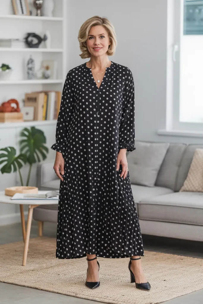 V Neck Black Polka Dot Long Tunic Dress with Ankle Heel