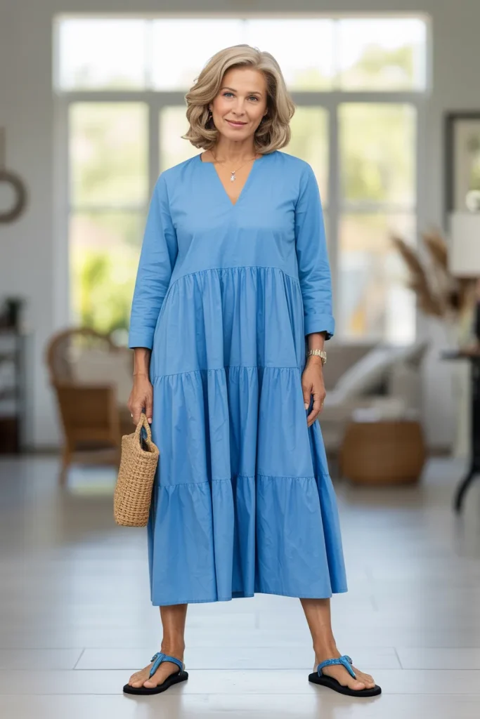 V Neck Cotton Long Tiered Tunic Light Blue Dress with T Strap Flip Flop