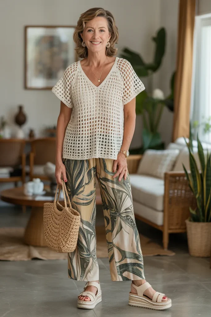 V Neck Crochet Top with Printed Pant and Platform Sandal