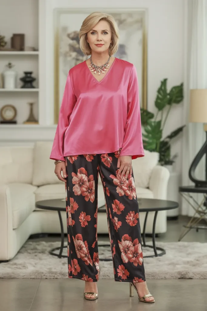V Neck Loose Satin Long Sleeve Top
