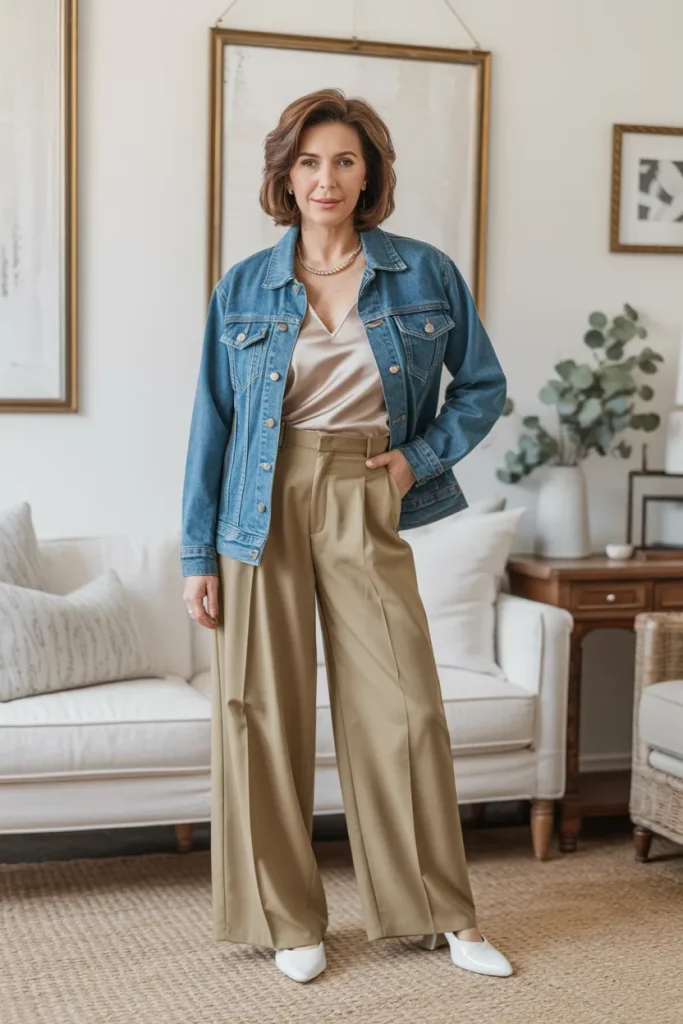 V Neck Satin Top with Wide Leg Khaki Trouser Over Denim Jacket and White Shoe