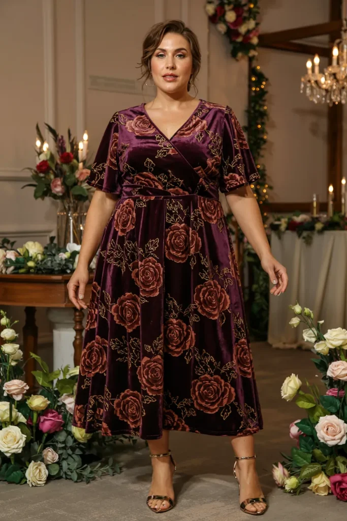Velvet Burnout Rose Pattern Plus Size Floral Wedding Guest Dress