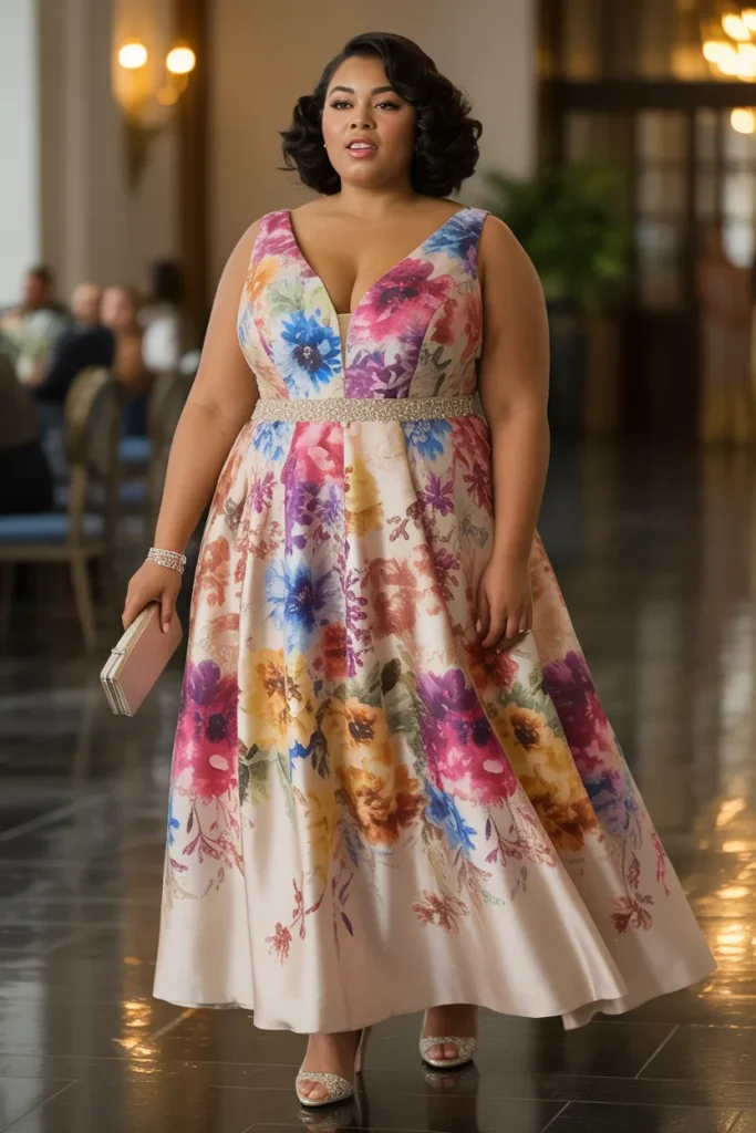Vibrant Watercolor Floral Plus Size Formal Wedding Guest Dress
