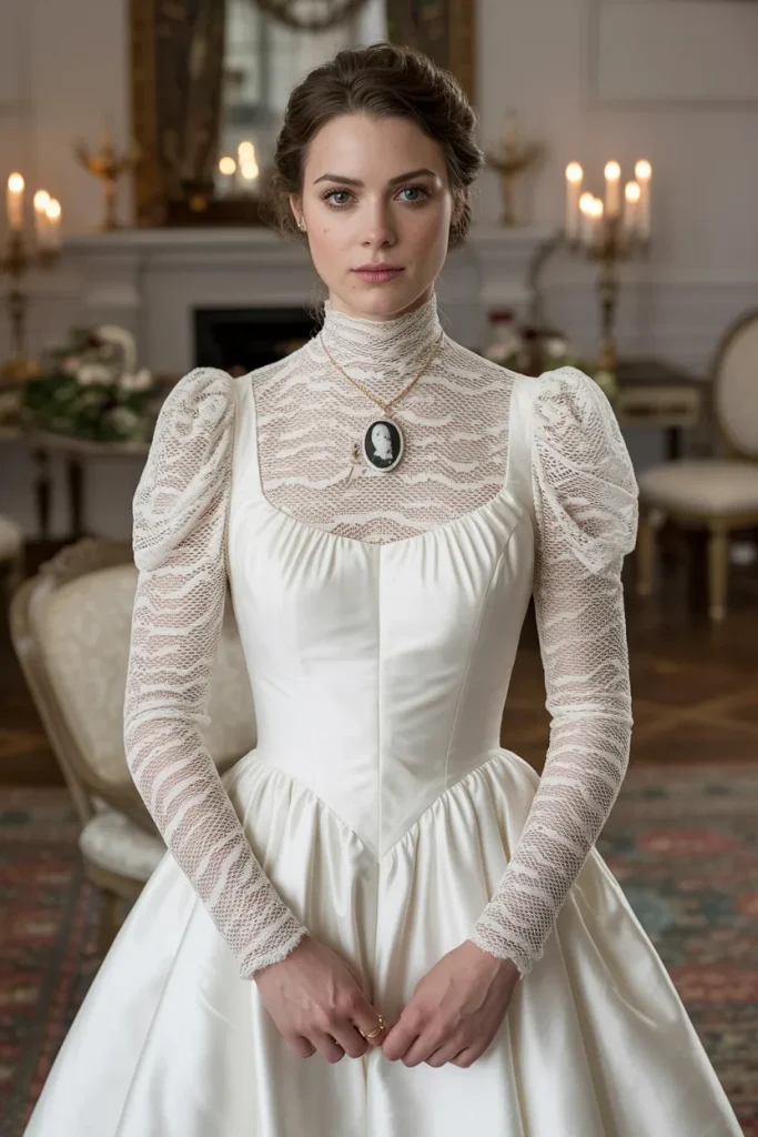 Victorian Inspired High Neck Gown With Sleeves
