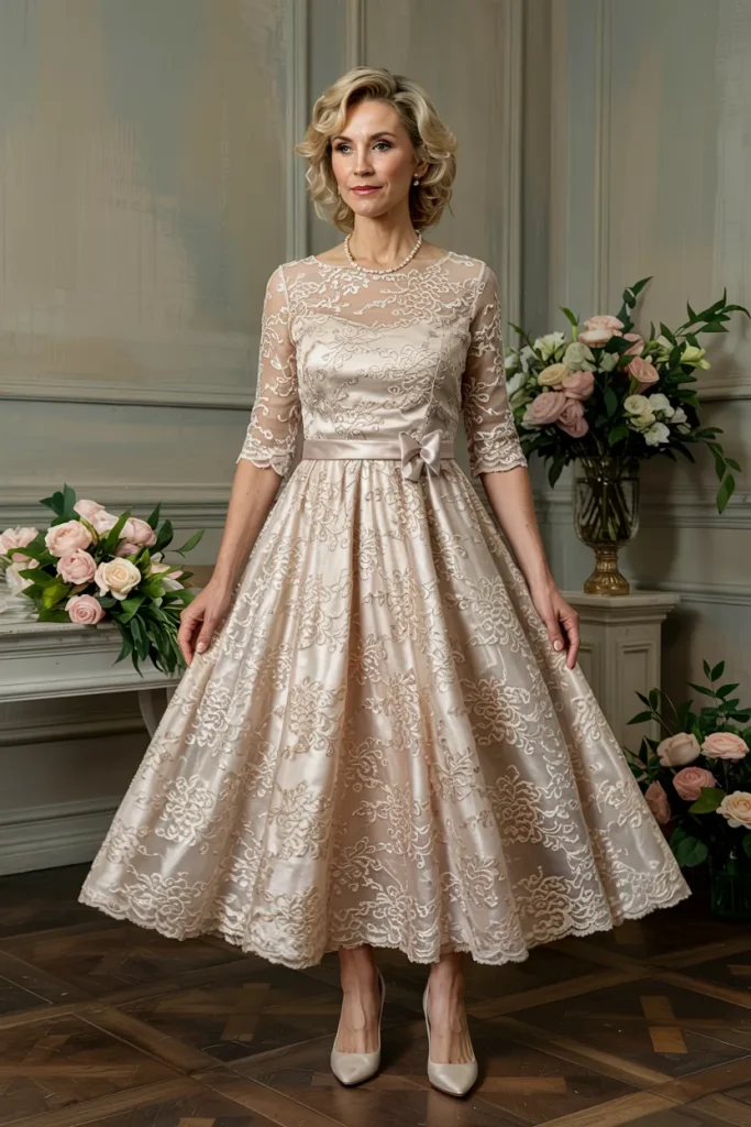Vintage Inspired Champagne Lace Tea Length Mother of the Bride Dress 1