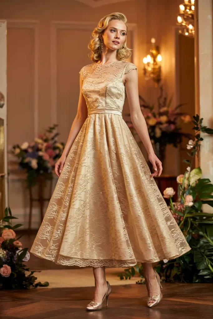 Vintage Inspired Champagne Lace Tea Length Mother of the Bride Dress