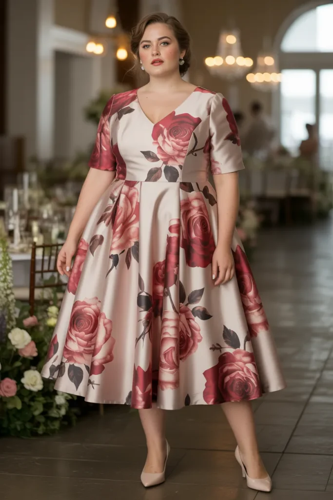Vintage Inspired Rose Print Tea Length Plus Size Floral Wedding Guest Dress