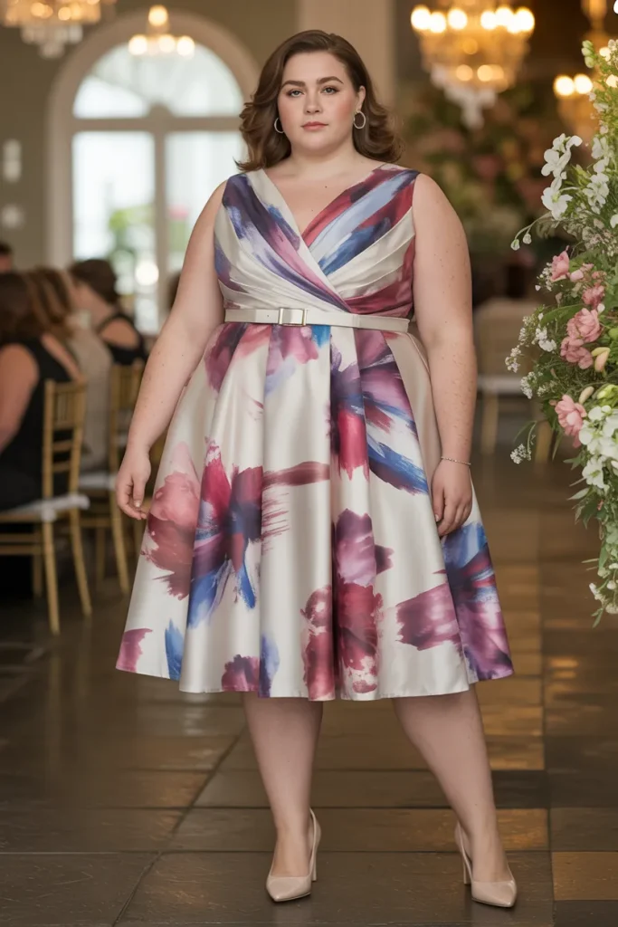 Watercolor Brushstroke Belted Plus Size Floral Wedding Guest Dress