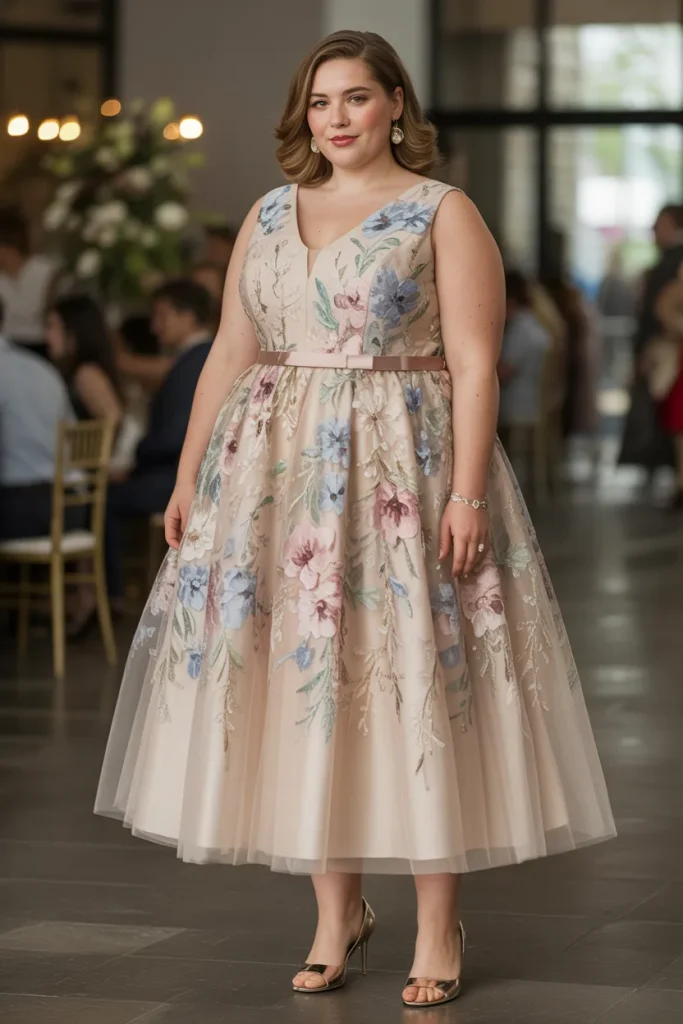 Watercolor Floral Tulle Plus Size Formal Wedding Guest Dress