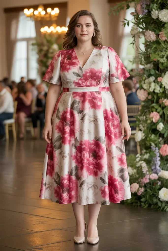 Watercolor Peony Midi Plus Size Floral Wedding Guest Dress