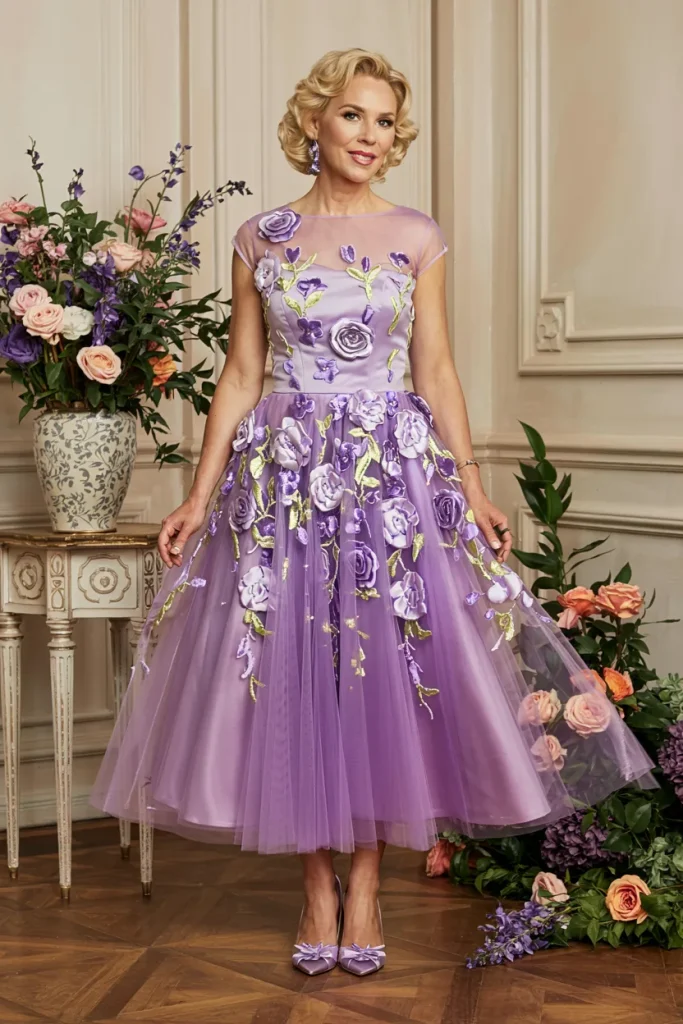Whimsical Lavender Tulle Tea Length Dress with Floral Appliques