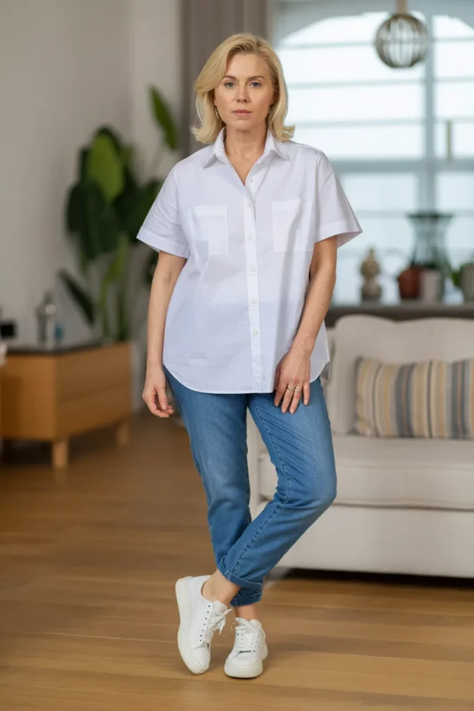White Button Down Short Sleeve Shirt with Ankle Jeans and Sneaker