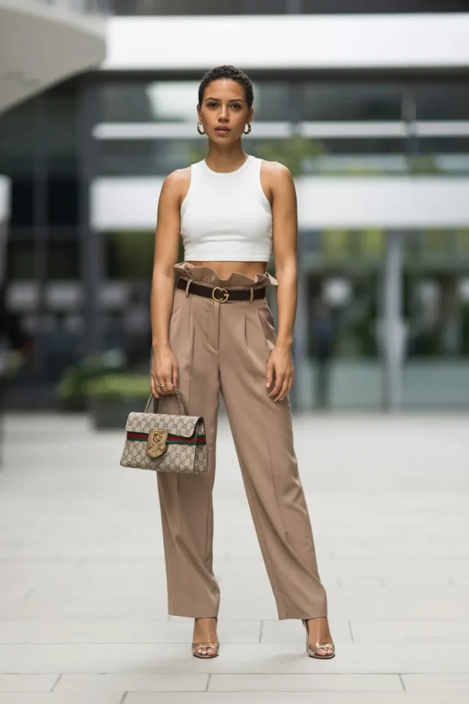 White Crop Top with Paper Bag Pant and Gucci Handbag
