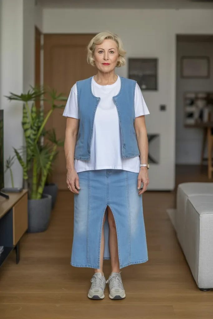 White T Shirt with Denim Front Slit Skirt Over Vest Top