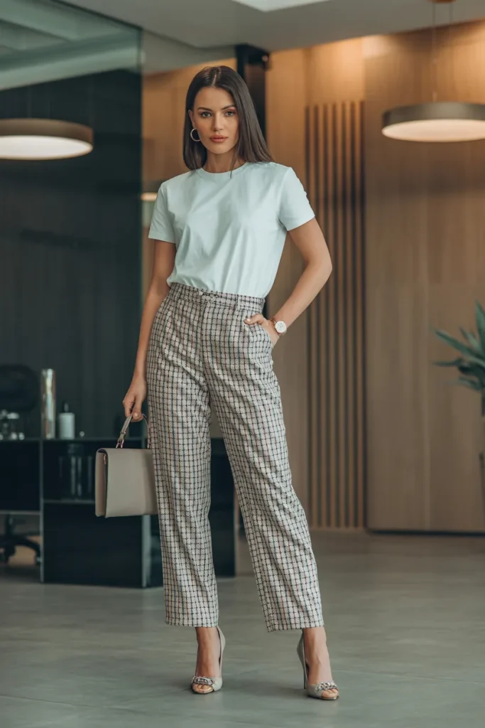 White Tee with Checked Trouser Pant