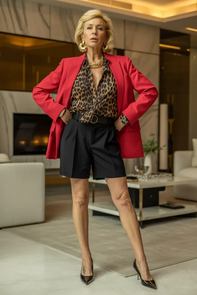 Animal Printed Top with Black Shorts Over Red Blazer