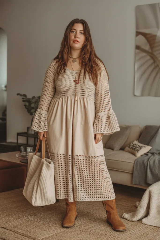 Beige Crochet Boho Dress with Bell Sleeves Brown Suede Boots Beige Tote Bag