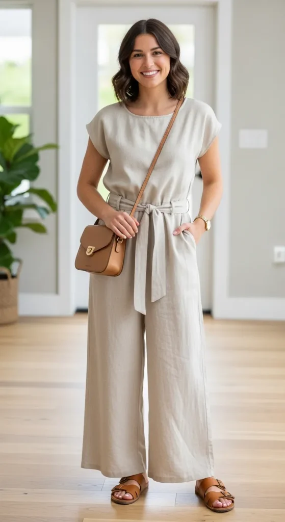 Beige Linen Jumpsuit with Belt