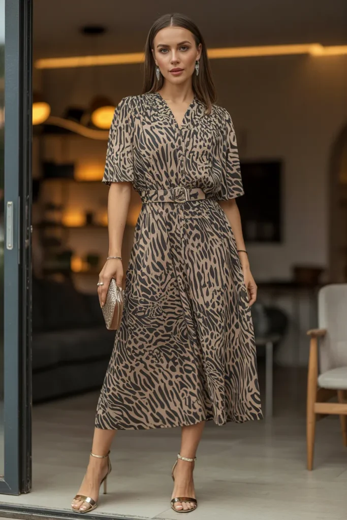 Belted Animal Printed Midi Dress with Ankle Heels