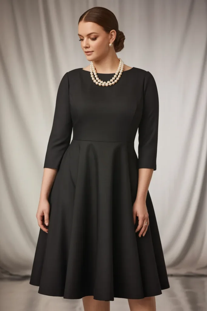 Black A Line Dress with Pearl Necklace