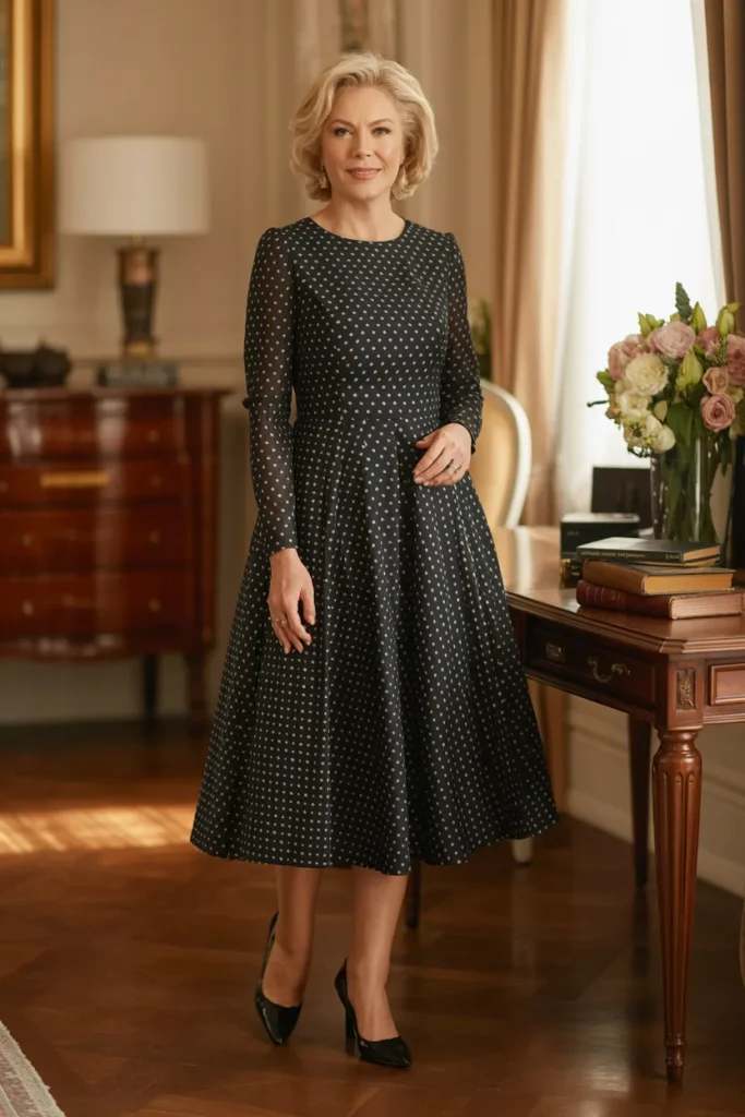 Black Dotted Full Sleeve A Line Dress