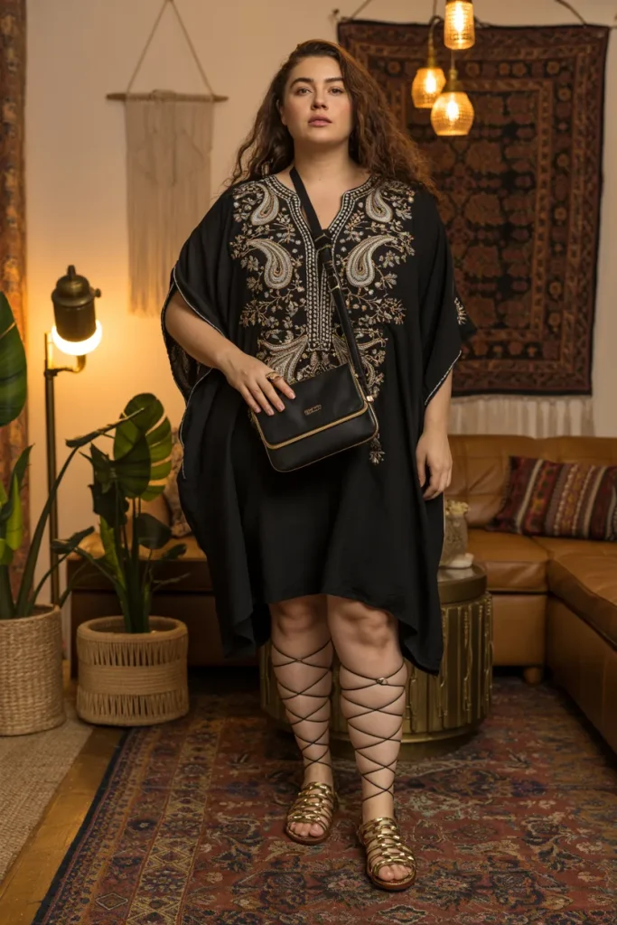 Black Embroidered Boho Kaftan Dress Brown Gladiator Sandals Black Sling Bag