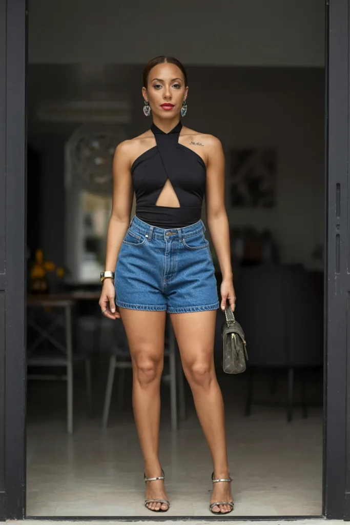 Black Halter Step Cut Out Top with Denim Shorts and Strappy Heels