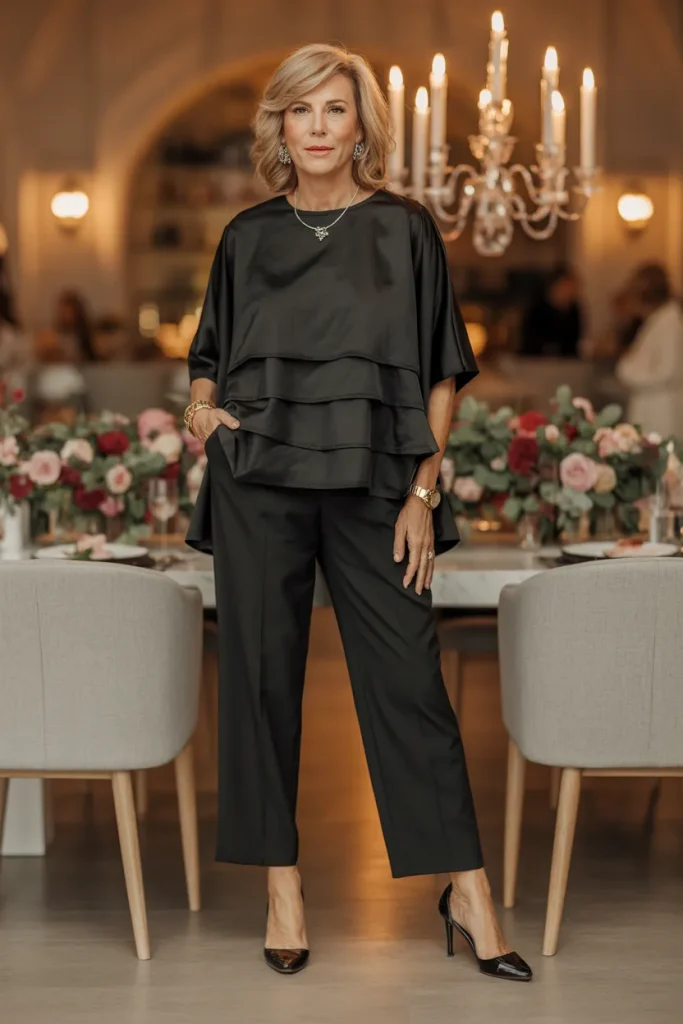 24 Dinner Night Outfits for Women Over 50 with Style modern chic 7 Black Layer Top with High Waist Pants