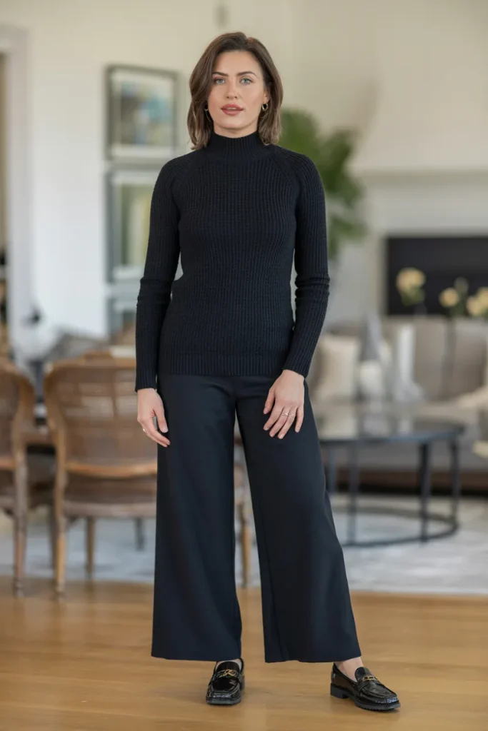 Black Mock Neck Knit Top With Wide Leg Pant and Loafers
