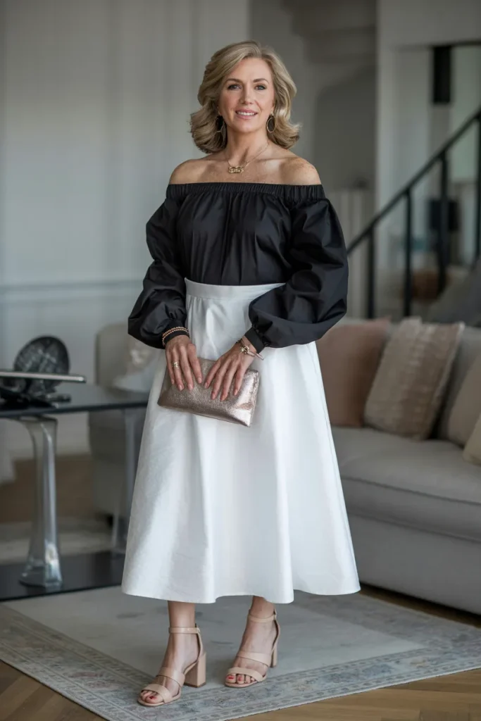Black Off Shoulder White Midi Skirt