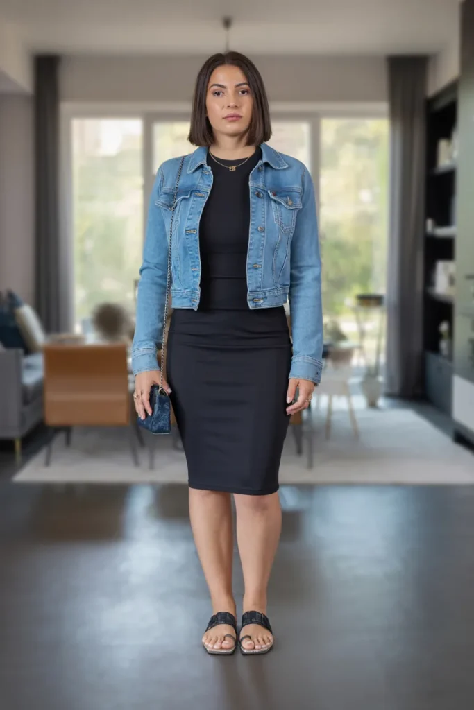 Black Skinny Dress Over Denim Jacket and Flats Sandal