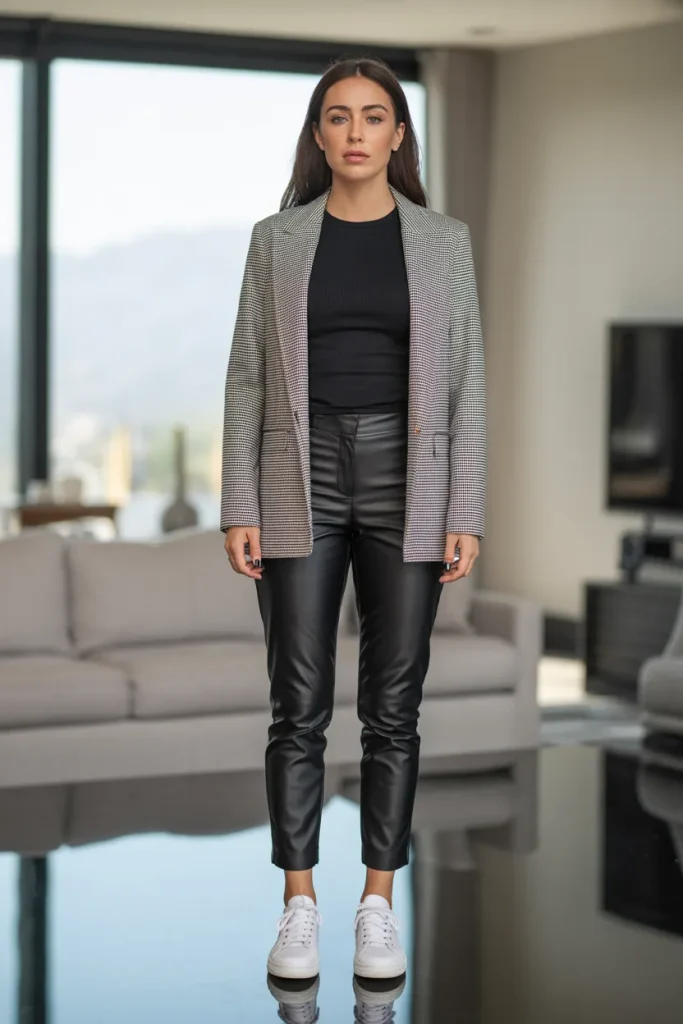 Black Skinny Top with Leather Pant Over Checks Blazer with Sneaker