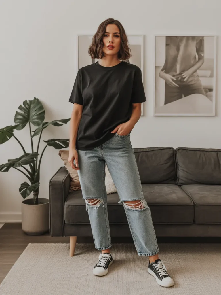 Black T Shirt with Distressed Jeans and Sneakers