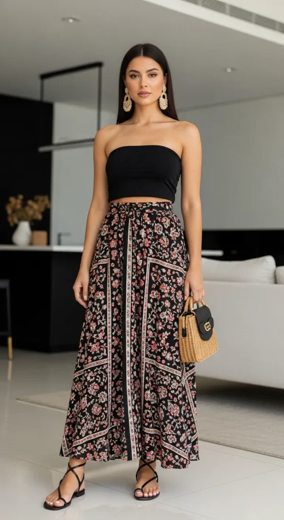 Black Tank Tube Top with Long Printed Skirt 1