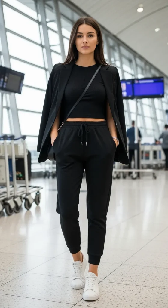 Black Top with Jogger Over Classy Blazer and Sneakers