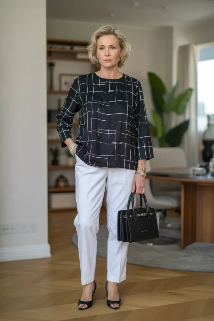 Black White Line Top with White Trouser