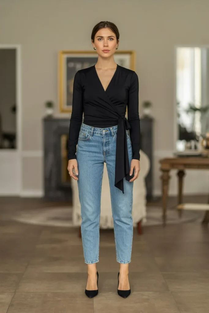 Black Wrap Top with Ankle Jeans and Pumps